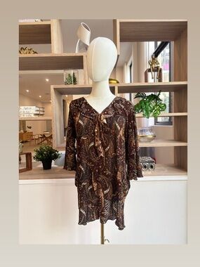 Brown Paisley Tie-Neck Tunic Top